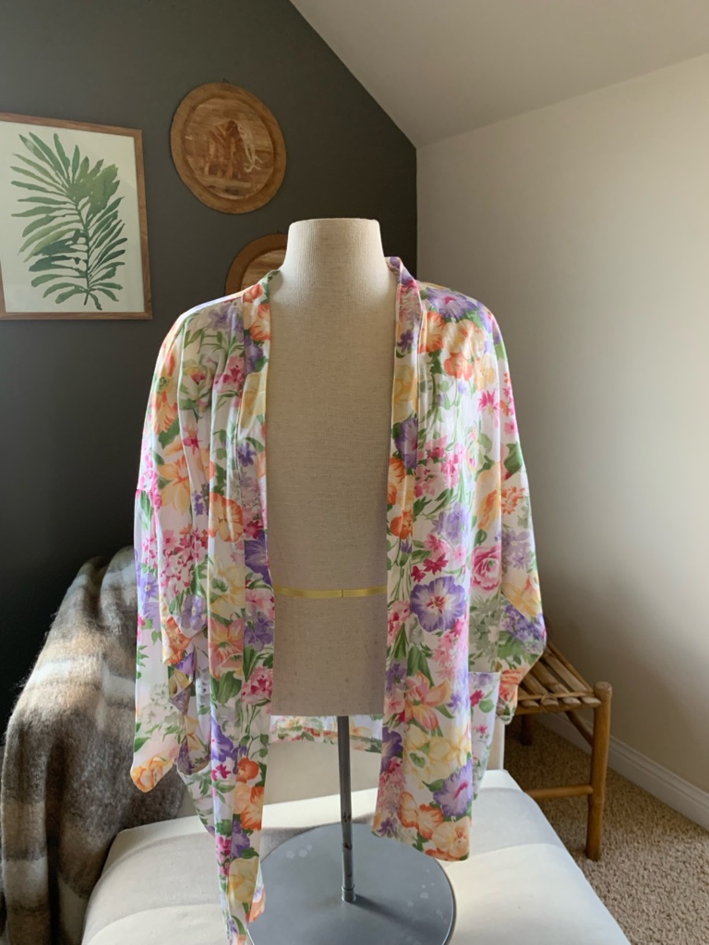 90s Perrie Ellen Floral Flowy Open Front Kimono Blazer Shoulder Pads Large